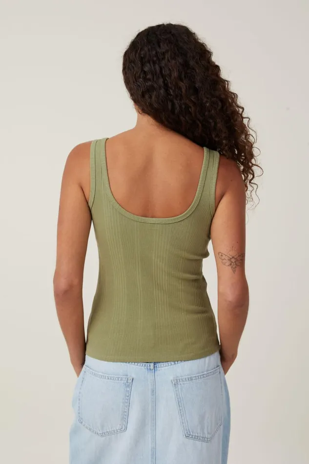 Women Tops Cotton On The One Organic Variegated Rib Scoop Neck Tank Cool Khaki