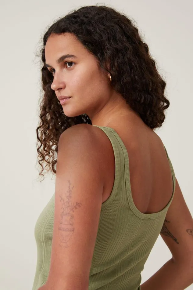 Women Tops Cotton On The One Organic Variegated Rib Scoop Neck Tank Cool Khaki