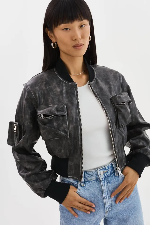 Women XAIA Faux Leather Convertible Bomber Jacket Vintage Black LAMARQUE Leather Jackets