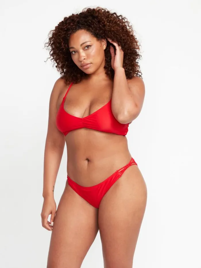 Womens Bikinis Volcom Simply Solid VNeck Bikini Top 8211 Candy Apple