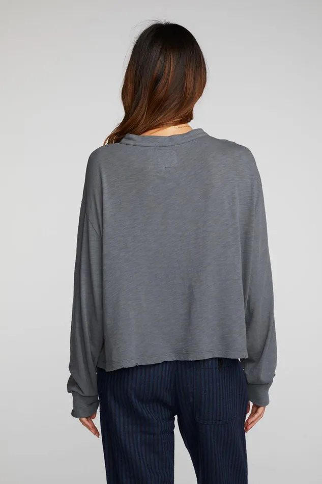 Womens Tops Chaser Brand Gauze Jersey Long Sleeve Henley With Deconstructed Bottom Hem