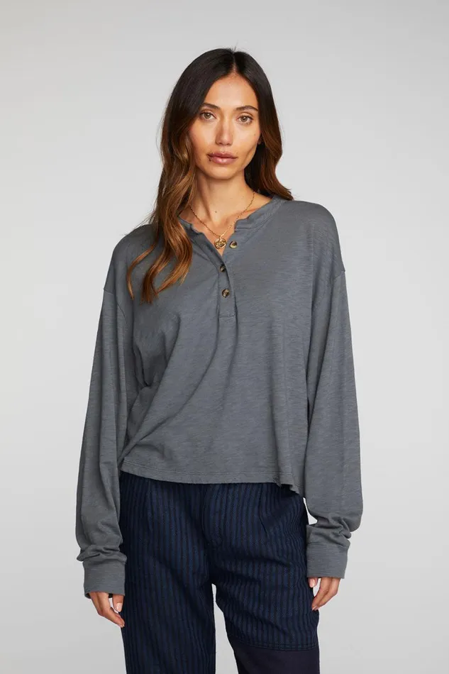Womens Tops Chaser Brand Gauze Jersey Long Sleeve Henley With Deconstructed Bottom Hem