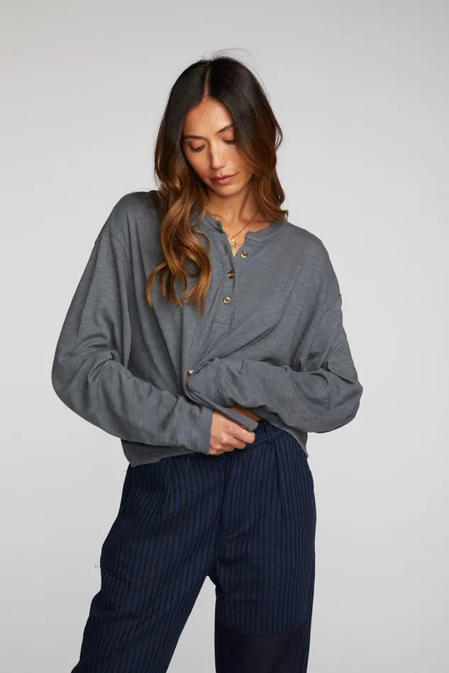Womens Tops Chaser Brand Gauze Jersey Long Sleeve Henley With Deconstructed Bottom Hem