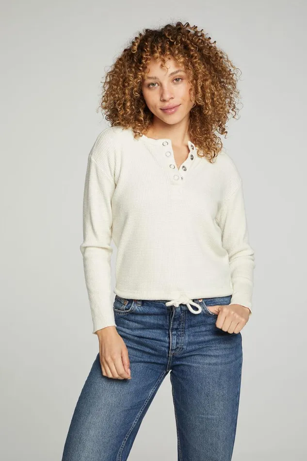 Womens Tops Chaser Brand Long Sleeve Snap Henley Drawstring Waist Tee