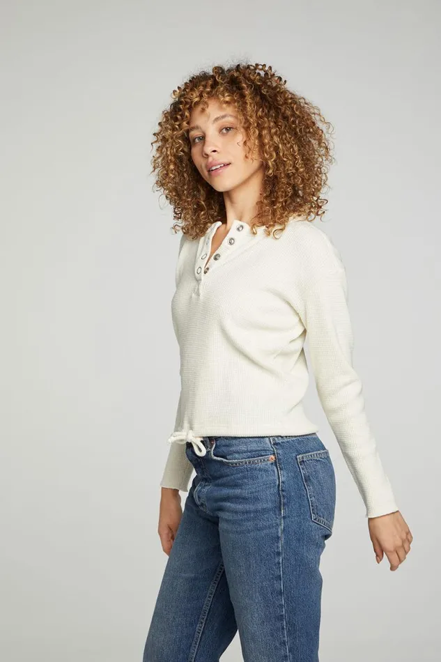 Womens Tops Chaser Brand Long Sleeve Snap Henley Drawstring Waist Tee