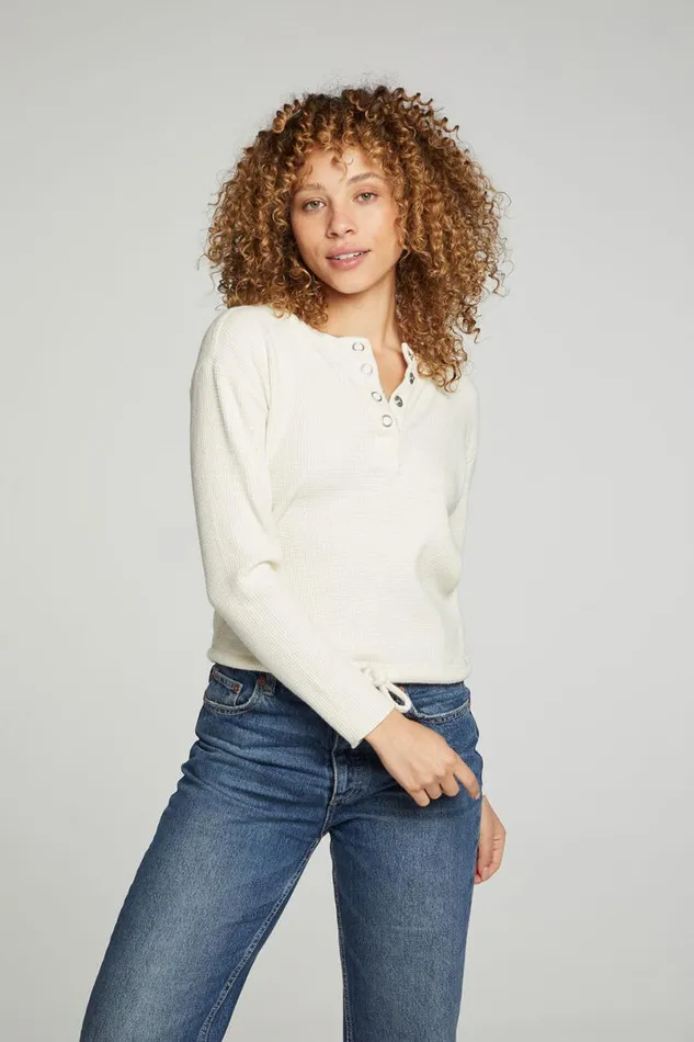 Womens Tops Chaser Brand Long Sleeve Snap Henley Drawstring Waist Tee