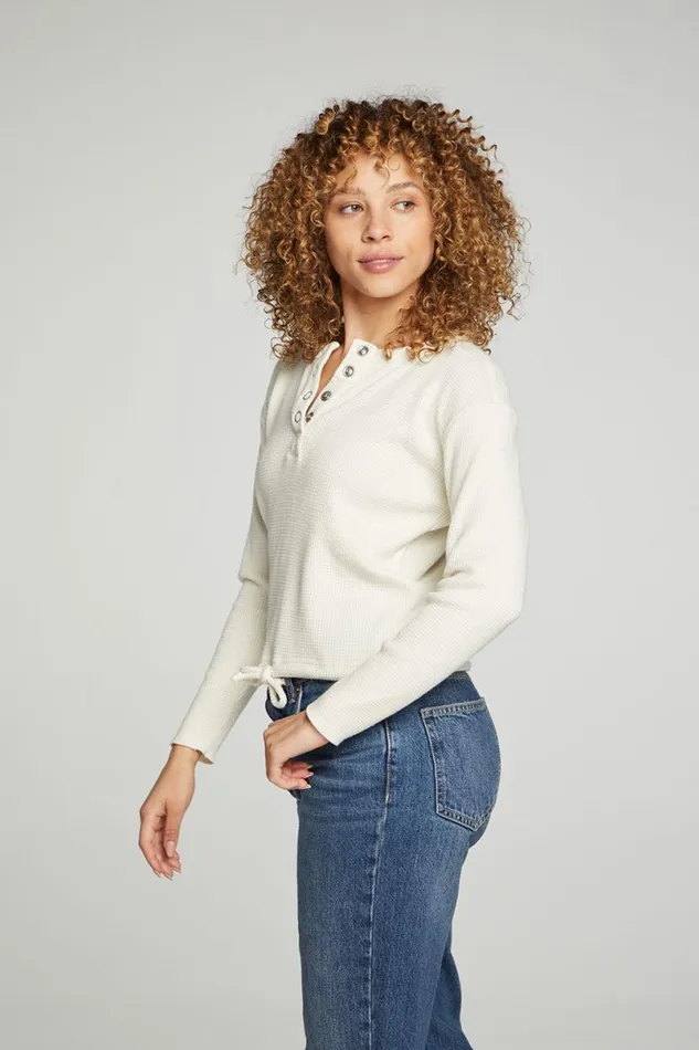 Womens Tops Chaser Brand Long Sleeve Snap Henley Drawstring Waist Tee