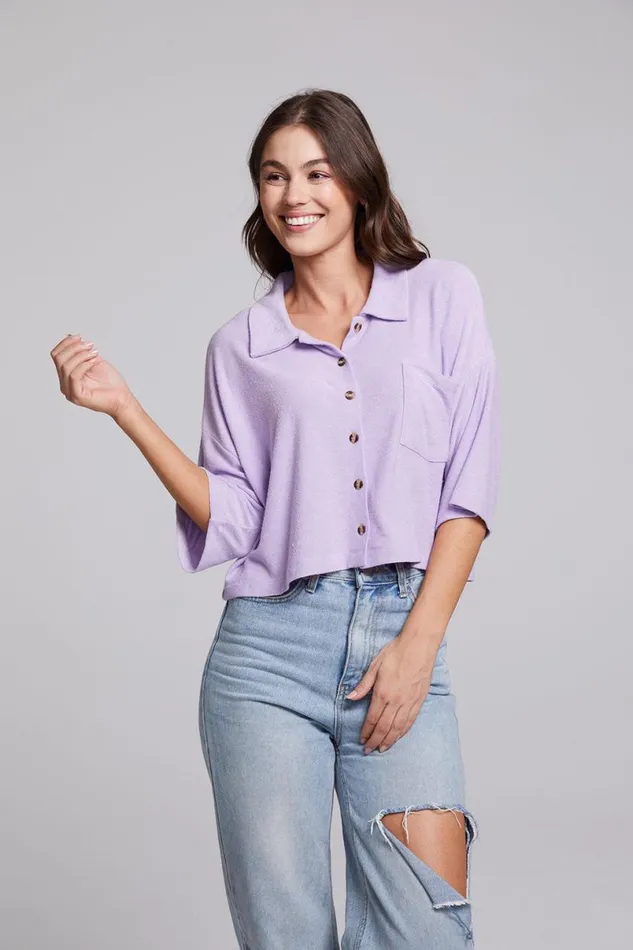 Womens Tops Chaser Brand Marine Crop Button Down 8211 Digital Lavender