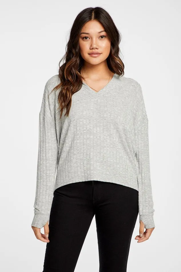 Womens Tops Chaser Brand Poor Boy Rib V Neck Thumbhole Pullover Hoodie