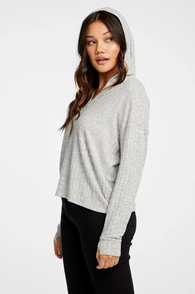 Womens Tops Chaser Brand Poor Boy Rib V Neck Thumbhole Pullover Hoodie
