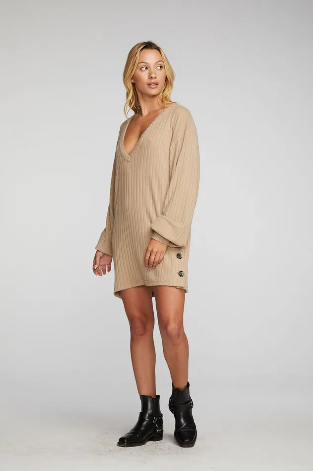 Womens Tops Chaser Brand Poor Boy Rib Vneck Tunic With Button Side Seam