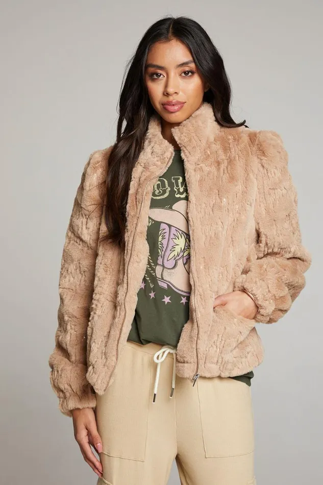Womens Tops Chaser Brand Puff Sleeve Cappuccino Jacket