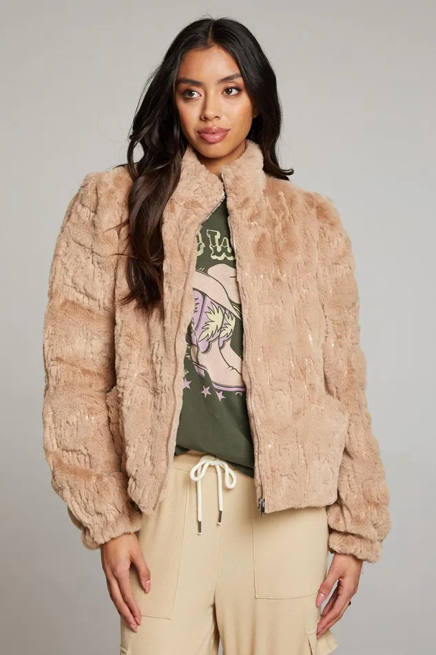Womens Tops Chaser Brand Puff Sleeve Cappuccino Jacket