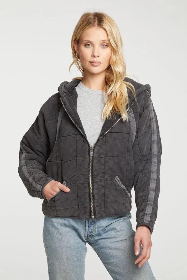 Womens Tops Chaser Brand Quilted Heirloom Wovens Long Sleeve Batwing Hooded Zip Up Jacket