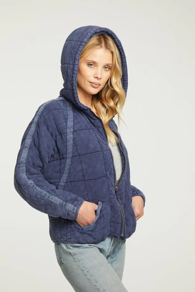 Womens Tops Chaser Brand Quilted Heirloom Wovens Long Sleeve Batwing Hooded Zip Up Jacket