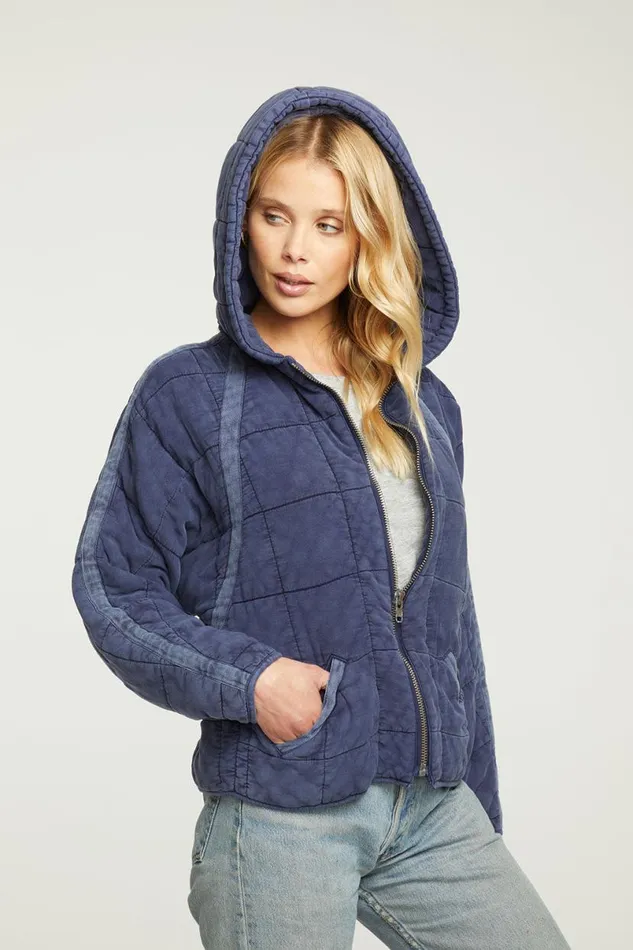 Womens Tops Chaser Brand Quilted Heirloom Wovens Long Sleeve Batwing Hooded Zip Up Jacket
