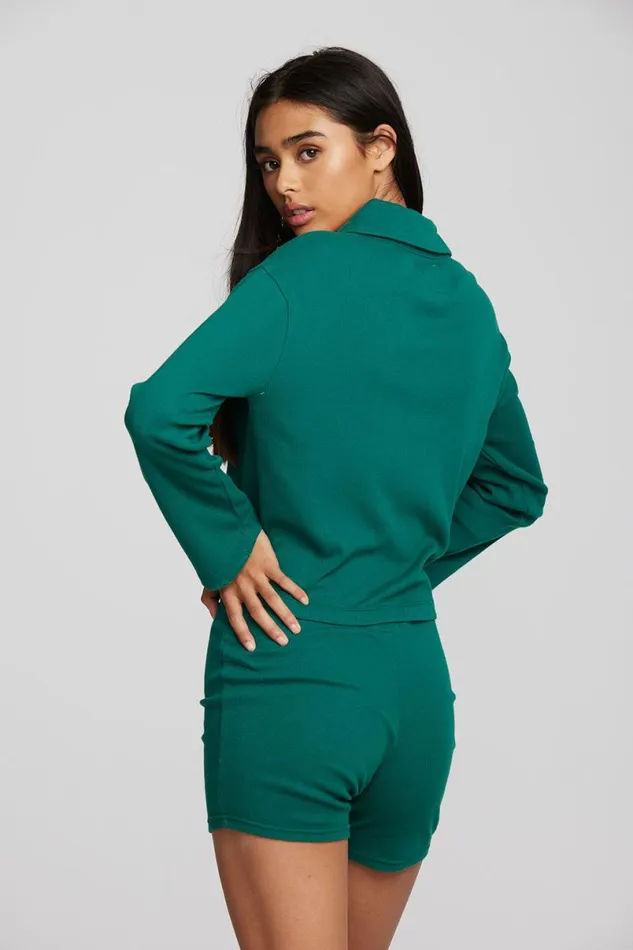 Womens Tops Chaser Brand Recycled Vintage Rib Cropped Polo With Distressed Detail Long Sleeve