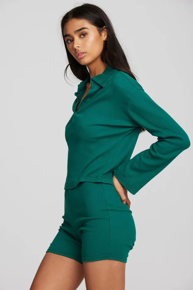 Womens Tops Chaser Brand Recycled Vintage Rib Cropped Polo With Distressed Detail Long Sleeve
