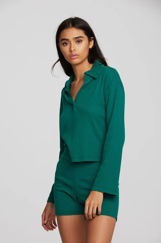 Womens Tops Chaser Brand Recycled Vintage Rib Cropped Polo With Distressed Detail Long Sleeve
