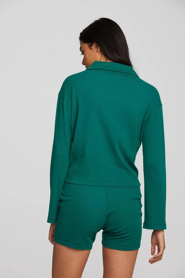 Womens Tops Chaser Brand Recycled Vintage Rib Cropped Polo With Distressed Detail Long Sleeve