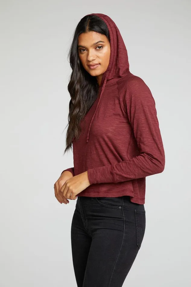 Womens Tops Chaser Brand Slub Jersey Long Sleeve Extended Cuff Raglan Pullover Hoodie