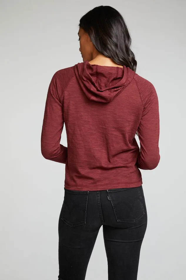 Womens Tops Chaser Brand Slub Jersey Long Sleeve Extended Cuff Raglan Pullover Hoodie