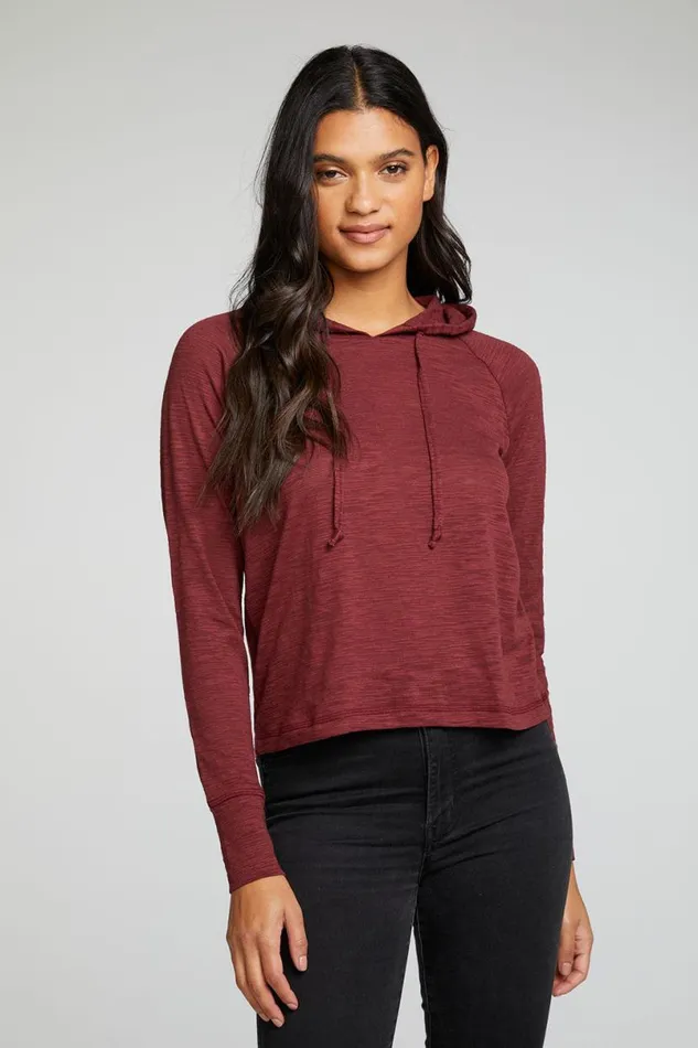 Womens Tops Chaser Brand Slub Jersey Long Sleeve Extended Cuff Raglan Pullover Hoodie