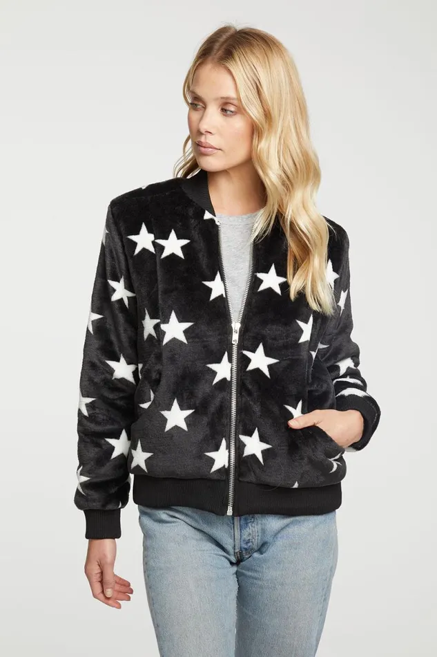 Womens Tops Chaser Brand Star Faux Fur Long Sleeve Bomber Jacket