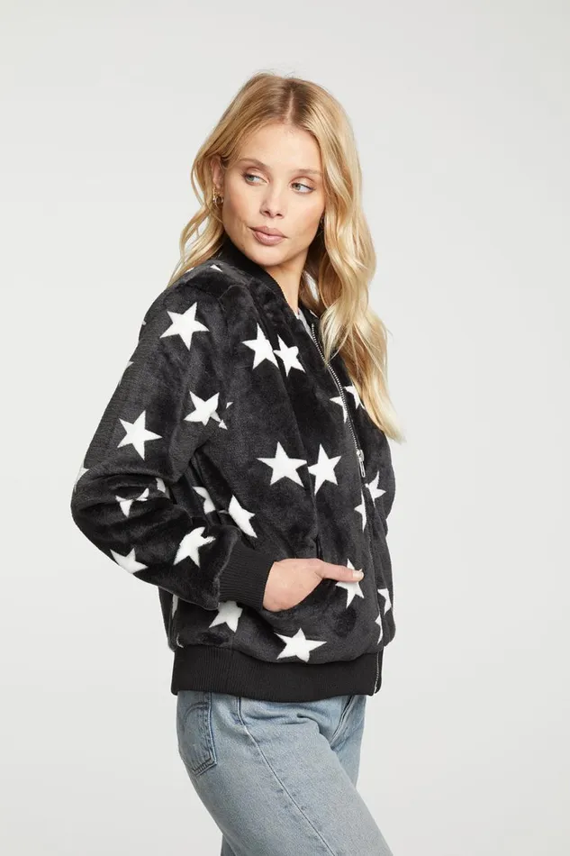 Womens Tops Chaser Brand Star Faux Fur Long Sleeve Bomber Jacket