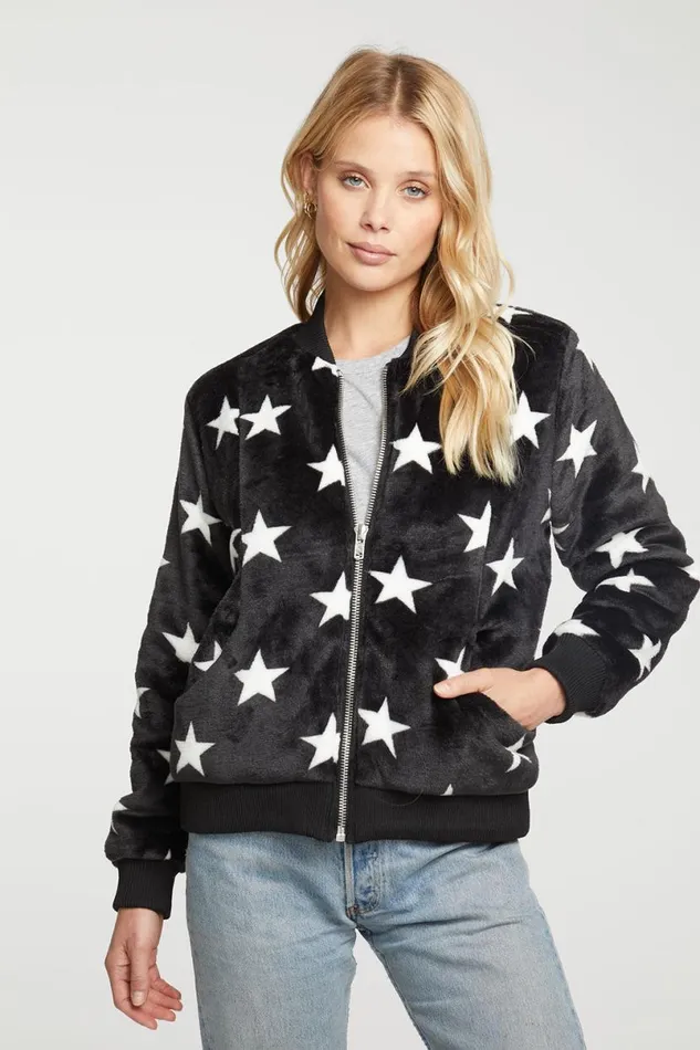 Womens Tops Chaser Brand Star Faux Fur Long Sleeve Bomber Jacket