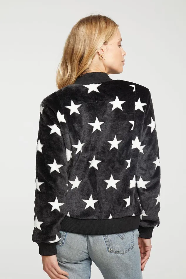 Womens Tops Chaser Brand Star Faux Fur Long Sleeve Bomber Jacket