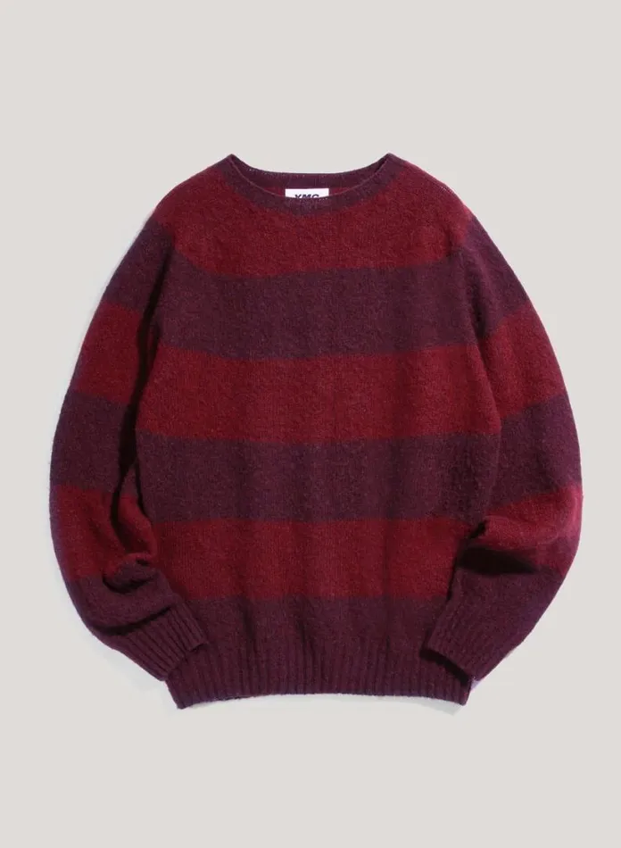YMC Suedehead Stripe Crew Neck Jumper Burgundy Mens Knitwear