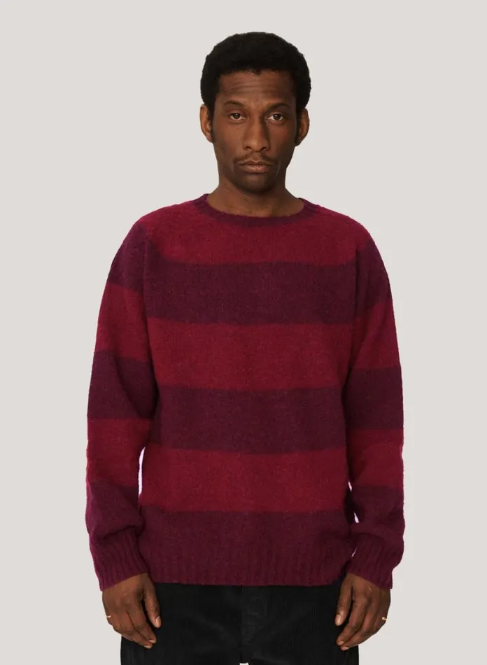YMC Suedehead Stripe Crew Neck Jumper Burgundy Mens Knitwear