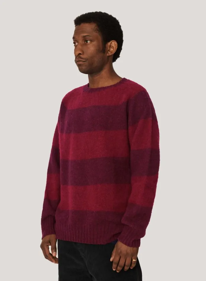 YMC Suedehead Stripe Crew Neck Jumper Burgundy Mens Knitwear