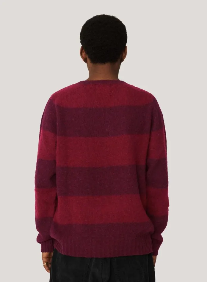 YMC Suedehead Stripe Crew Neck Jumper Burgundy Mens Knitwear