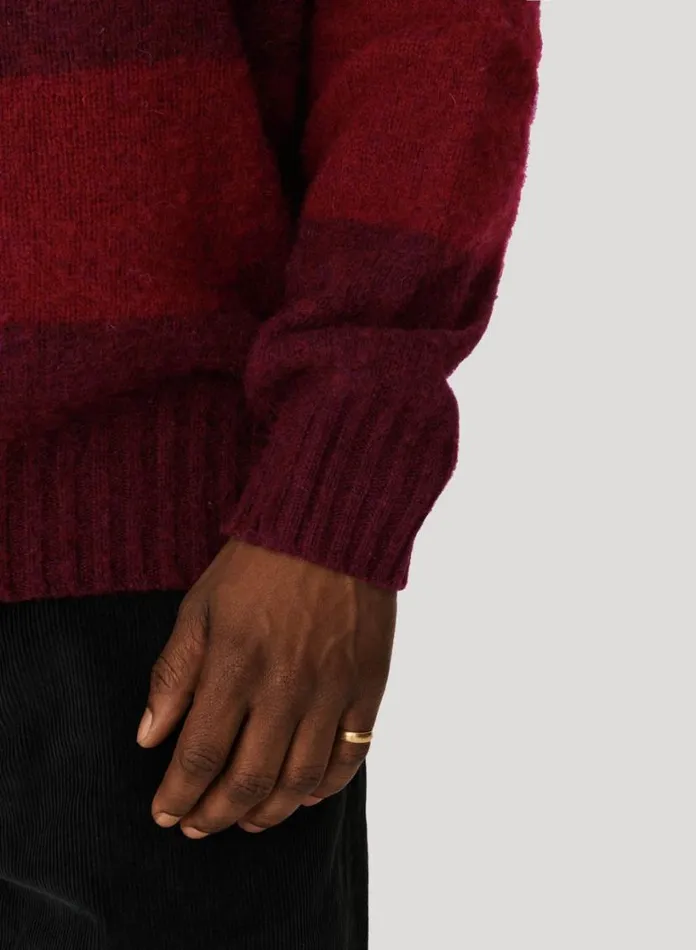 YMC Suedehead Stripe Crew Neck Jumper Burgundy Mens Knitwear